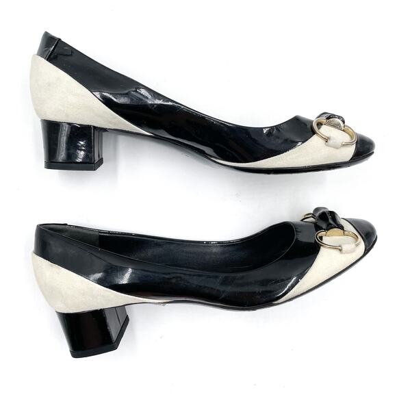 Gucci Patent Leather Pumps Black White Suede Bamboo Horsebit Low Heel Sz 37 / 7 - Picture 2 of 10